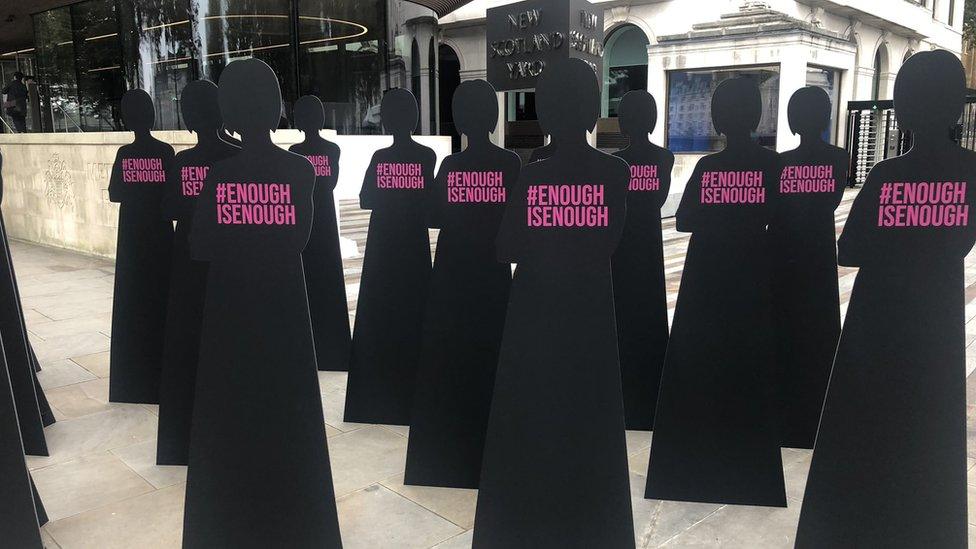 Refuge's 16 silhouettes for the 16 women it says were killed by former and serving police officers since 2009.