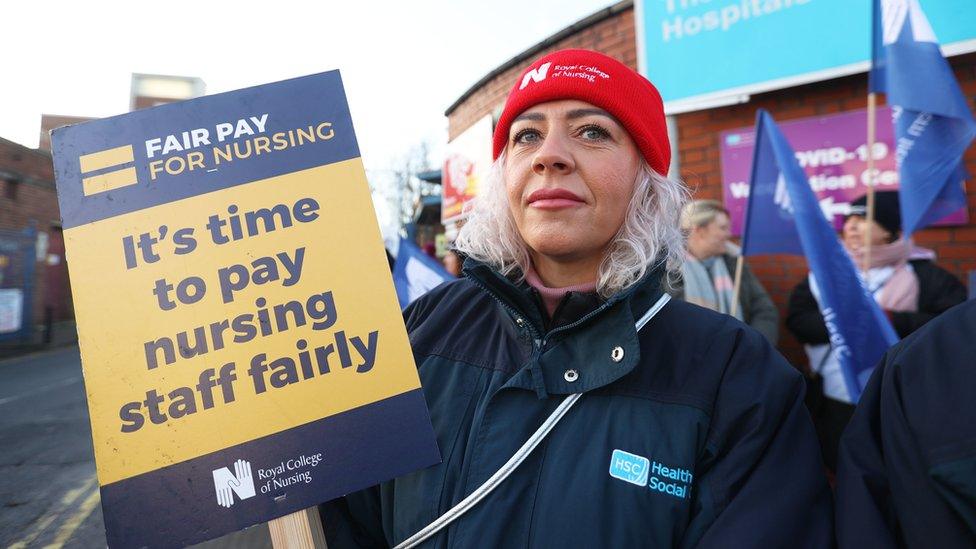 Nurse Sarah Donnelly on the picket line outside the Royal Victoria Hospital