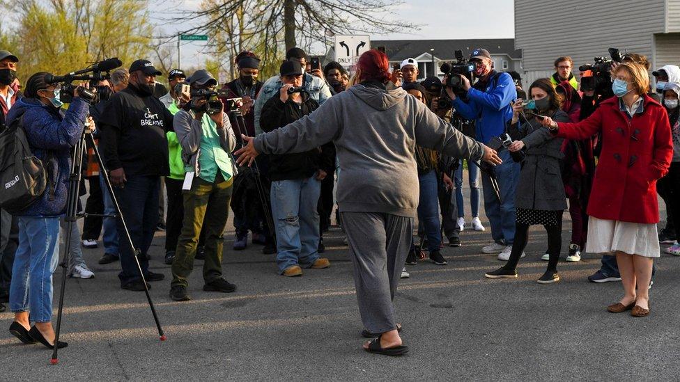 Hazel Bryant talks to the media after her niece, 16-year-old Ma'Khia Bryant, was fatally shot by a police officer in Columbus, Ohio, 20 April 2021