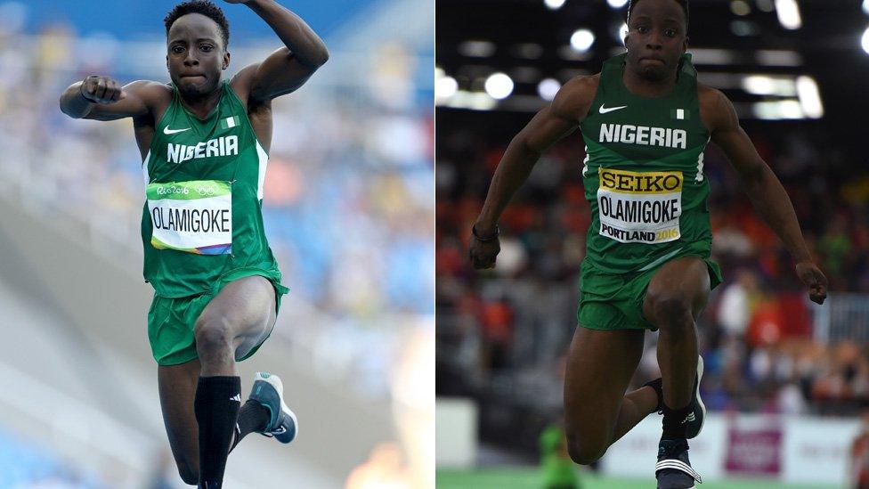 Triple jumper Nigeria's Olu Olamigoke competes during Rio Olympics, left, and Triple Jump final at the IAAF World Indoor athletic championships in Portland