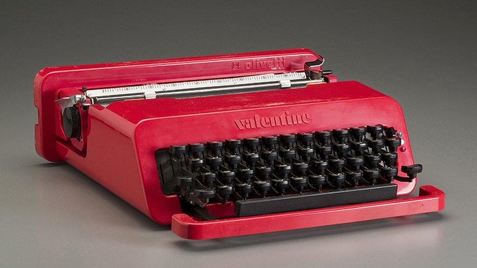 The iconic "Valentine" Olivetti typewriter by Sottsass, who said he used bright red "so as not to remind anyone of monotonous working hours"