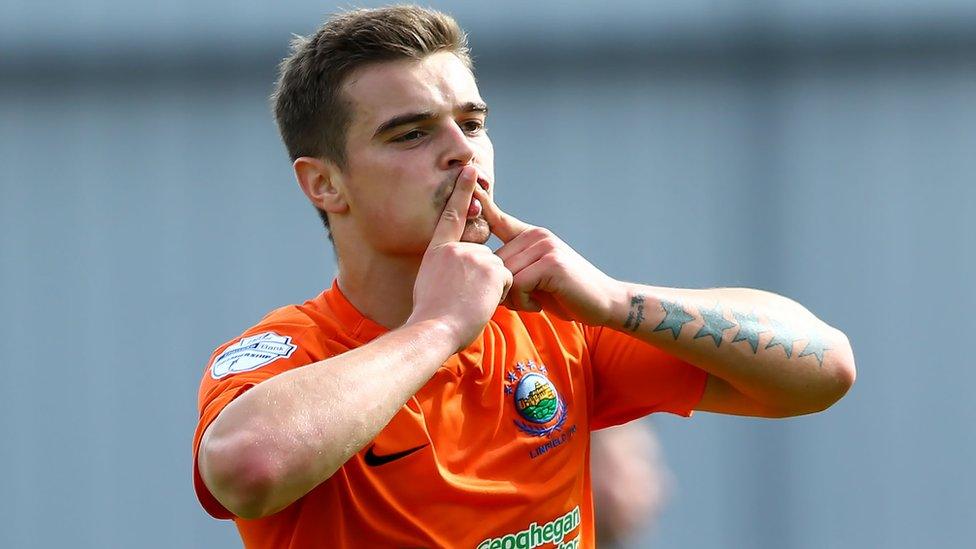 Linfield defender Matthew Clarke celebrates after scoring the second goal in his side's 3-1 win away to Coleraine