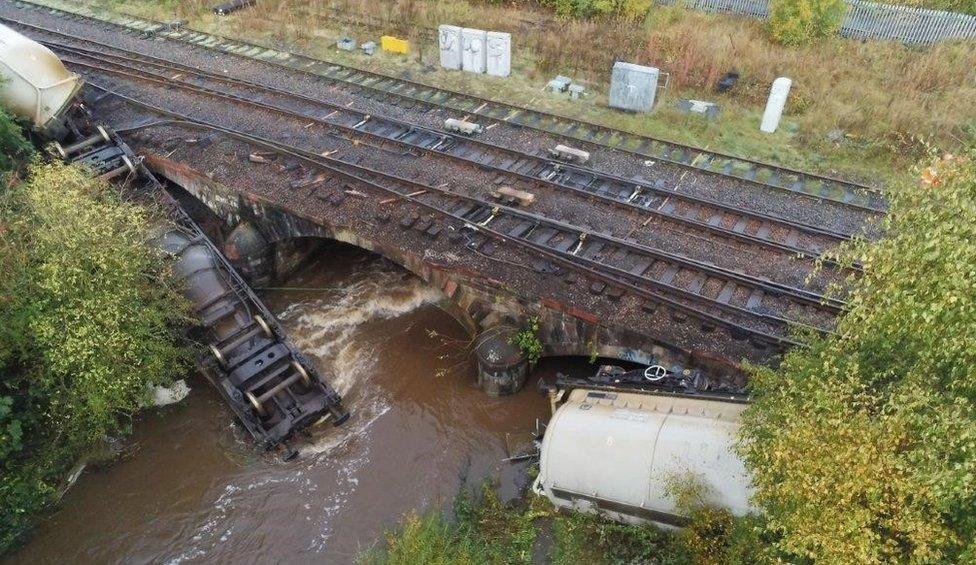 An aerial view of the derailment