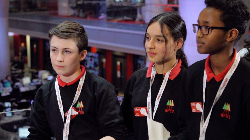 Alex, Rima and Yusuf in the BBC newsroom in London