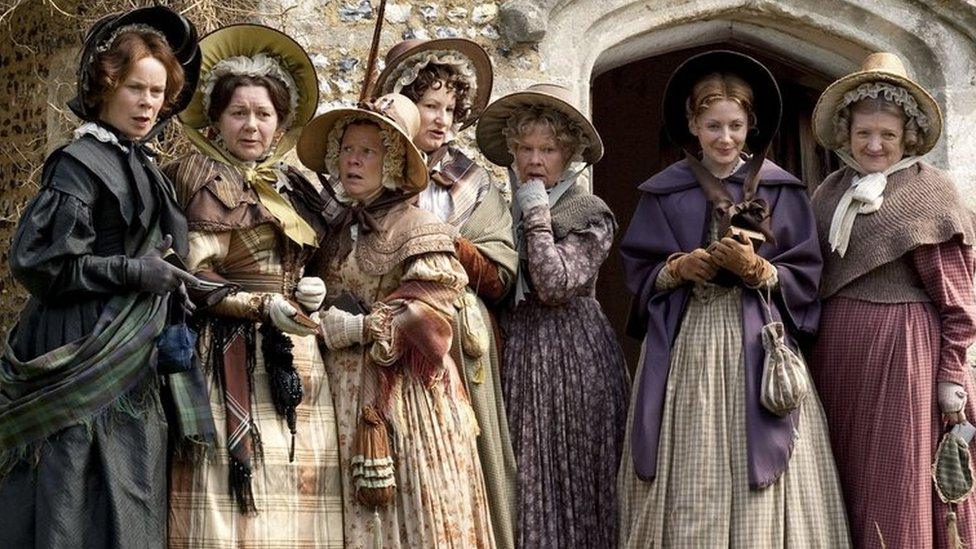 L to R: Lady Glenmire (Celia Imrie), Mrs Jamieson (Barbara Flynn), Miss Octavia Pole (Imelda Staunton), Miss Tomkinson (Deborah Findlay), Miss Matty Jenkins (Judi Dench), Mary Smith (Lisa Dillon), Mrs Forrester (Julia McKenzie)