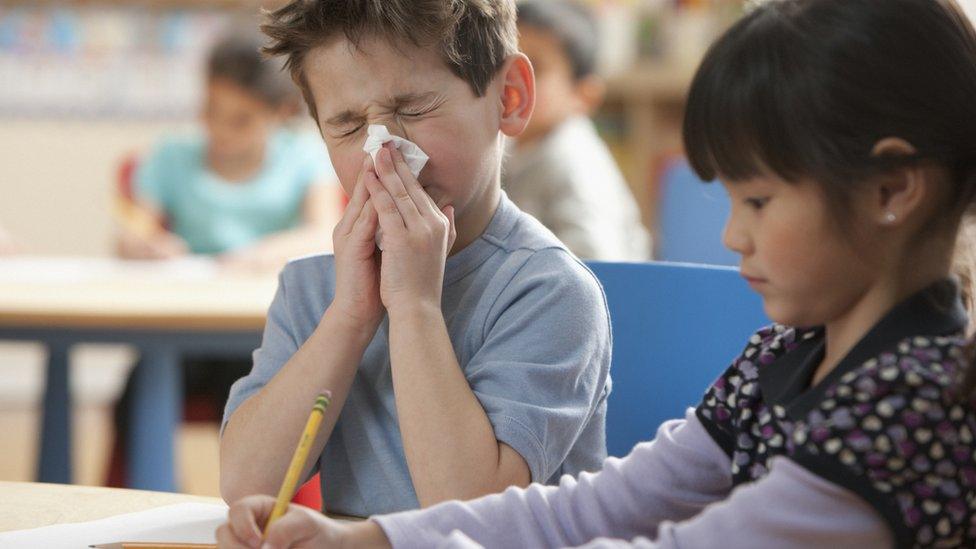 Child blowing nose in class