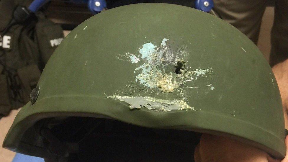 Kevlar helmet worn by law enforcer