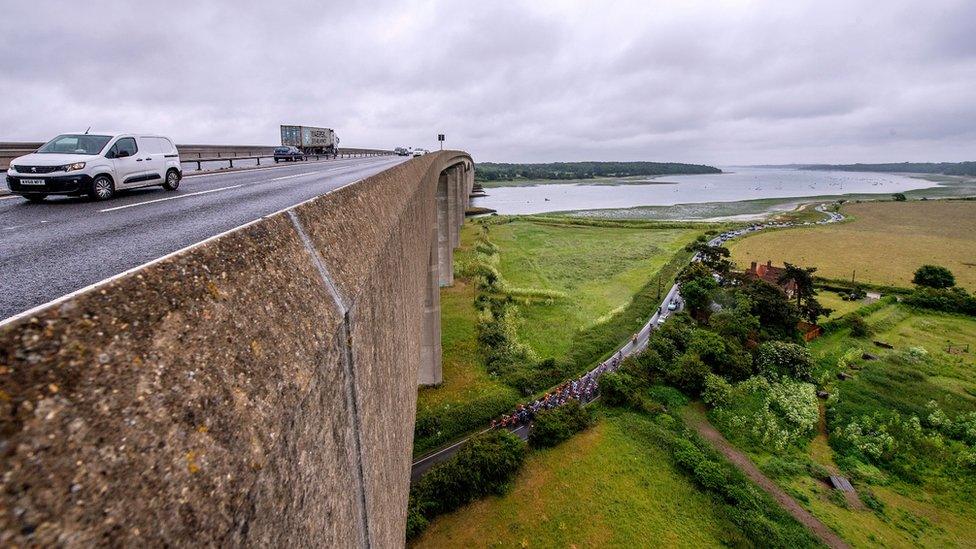 Women's Tour passes under the Orwell Bridge, Suffolk