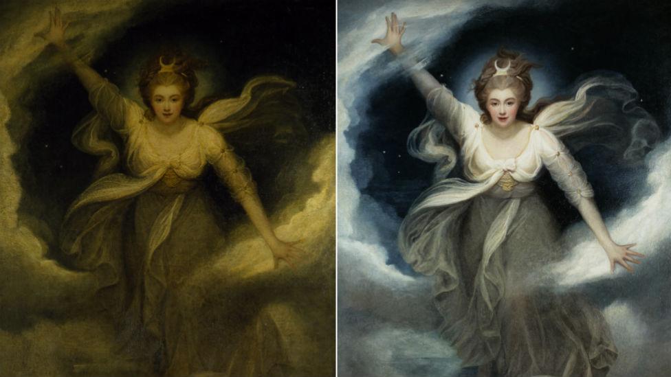 Before and after pictures of a Maria Cosway painting of Lady Georgiana, Duchess of Devonshire