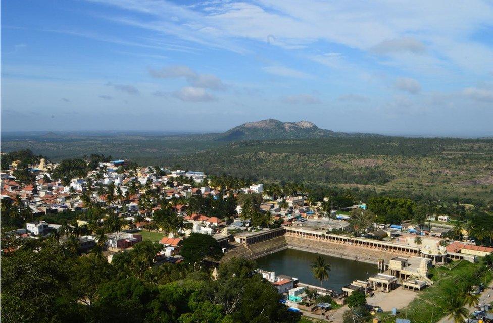 An aerial view of Melkote village