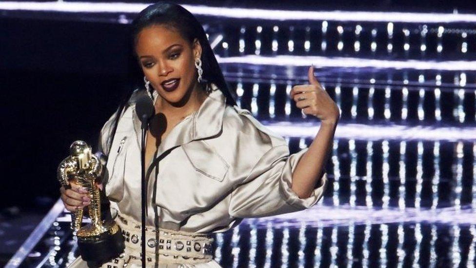 Rihanna accepts an award during the MTV Video Music Awards in New York in August 2016