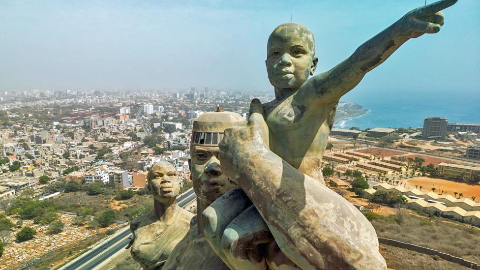 A view of the Renaissance Monument in Dakar, Senegal