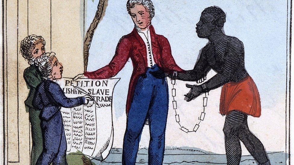 A shackled slave pleading with his master, while two children hold up the petition to abolish the slave trade