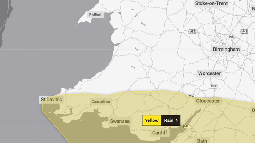 Yellow rain warning Met Office map showing south Wales counties affected on 23 and 24 December, 2020