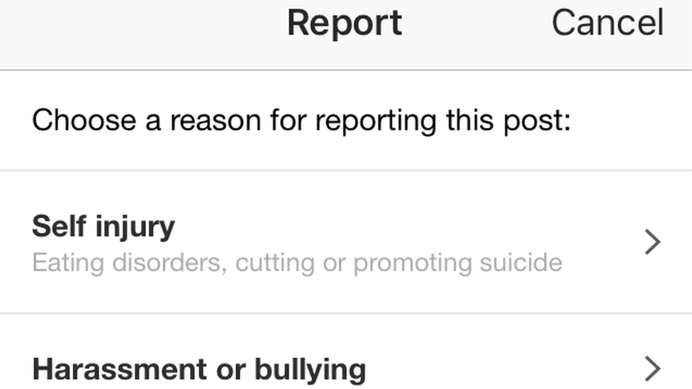 Instagram reporting a post form
