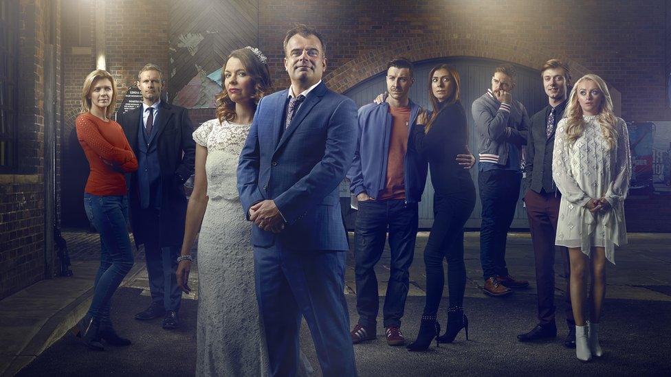 Left to Right: Leanne Tilsley [Jane Danson], Nick Tilsley [Ben Price], Tracy Barlow [Kate Ford], Steve McDonald [Simon Gregson], Ryan Connor [Ryan Prescott], Michelle Connor [Kym Marsh], Ali Neesom [James Burrows], Daniel Osbourne [Rob Mallard] and Sinaed Tinker [Katie McGlynn].