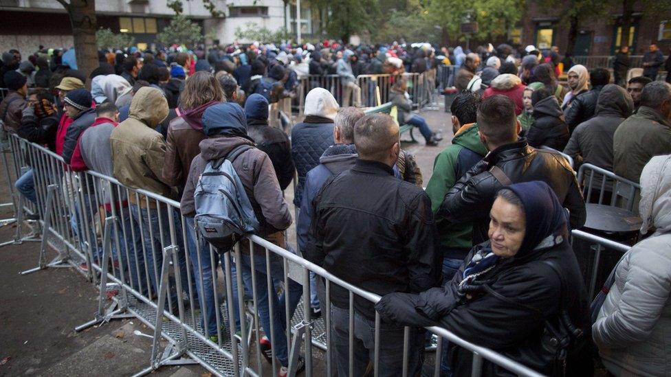 Asylum seekers queuing outside Lageso