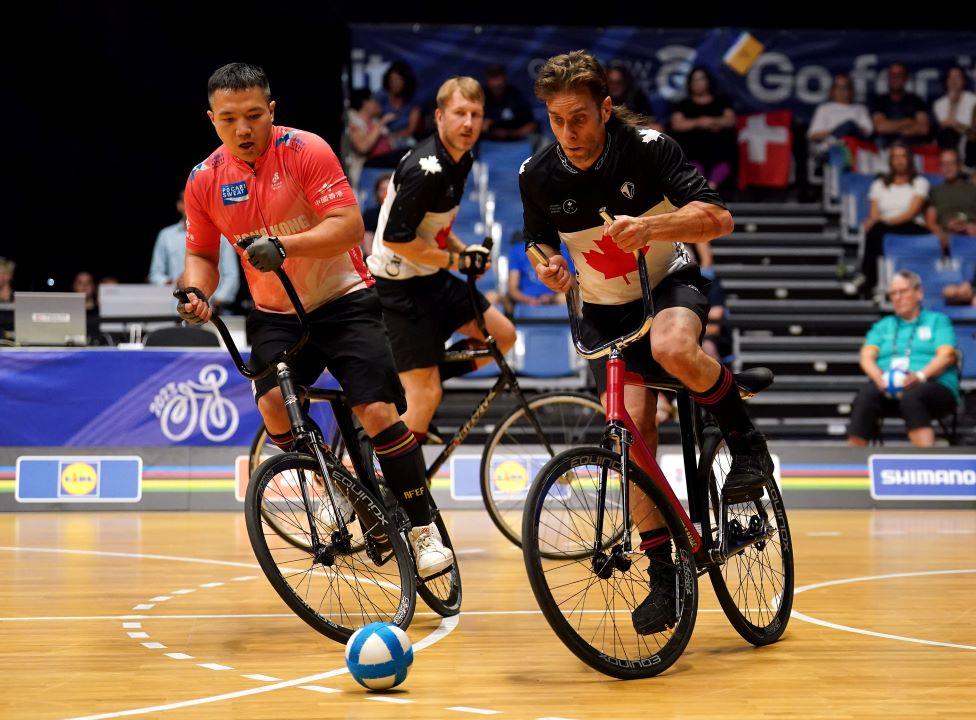 Action from Canada versus Hong Kong in the Men’s Elite Cycle-ball League B on day nine of the 2023 UCI Cycling World Championships at the Emirates Arena, Glasgow