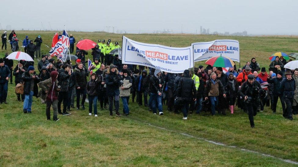 Demonstrators march during the first leg of the March to Leave demonstration on March 16, 2019 in Sunderland, England.