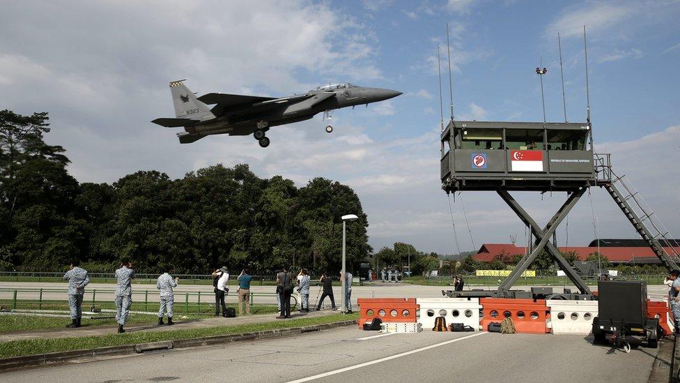 A Republic of Singapore Air Force (RSAF) F-15SG fighter jet takes off from a temporary runway during the RSAF Exercise Torrent in Singapore, 13 November 2016