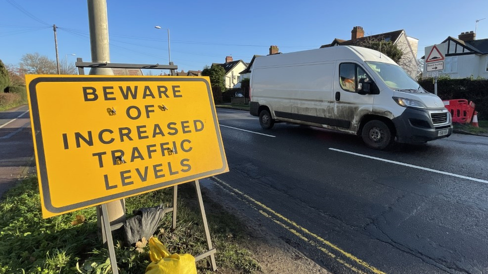 A road works sign on one of the main roads into and out of Cambridge