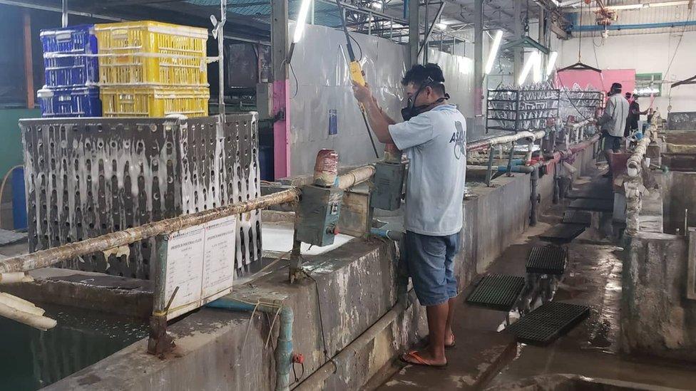 A Speedtech factory worker moves a crate of newly-welded bicycle frames between vats of acid wash.