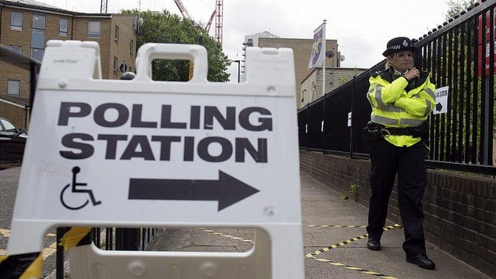 Police officer outside polling station