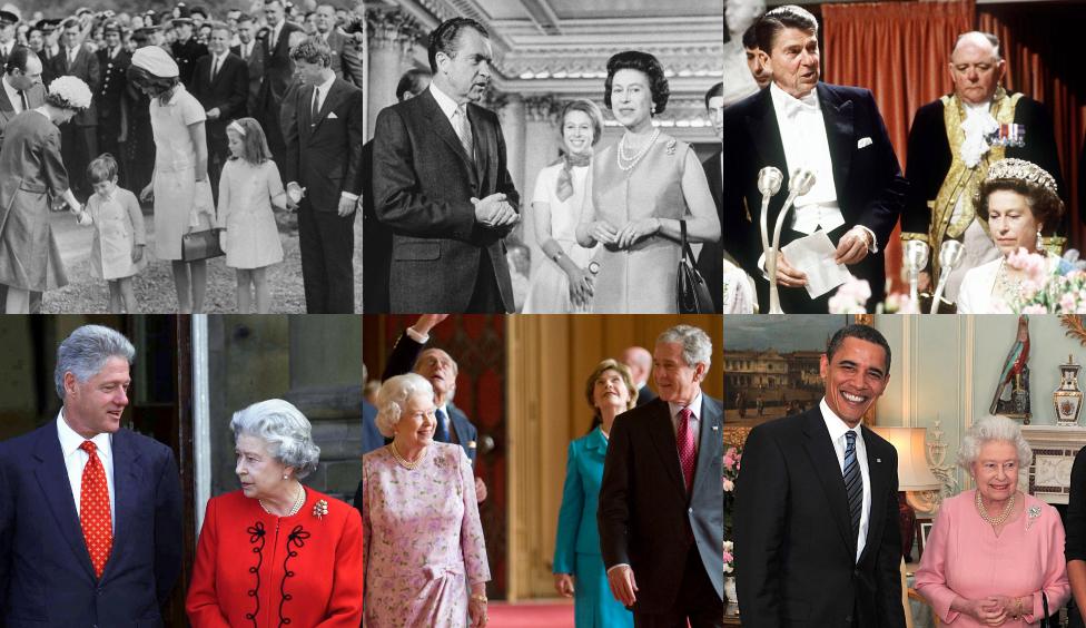 Image shows historic photos of Queen Elizabeth meeting different US Presidents, including John F Kennedy, Richard Nixon, Ronald Reagan, Bill Clinton, George W Bush and Barack Obama