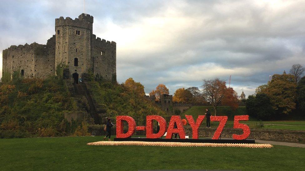 Cardiff Castle and a tribute to the 75th anniversary of the D Day landings made from poppies