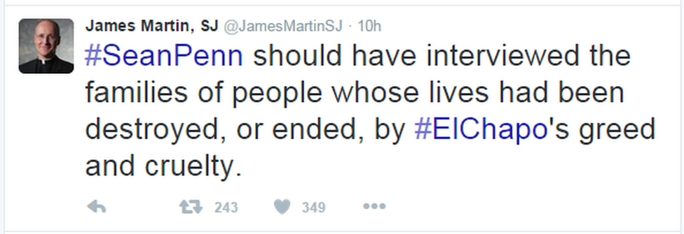 A tweet reads: "#SeanPenn should have interviewed the families of people whose lives had been destroyed, or ended, by #ElChapo's greed and cruelty."