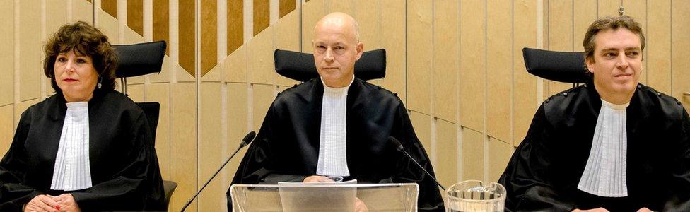 Judges Elianne van Rens, Henry Stone House and Sijbrand Wreath sit prior to the verdict of the criminal case against Wilders of the Party for Freedom (PVV), at Schiphol, Badhoevedorp, The Netherlands, 9 December 2016