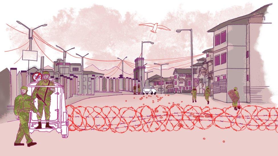 An illustration of a street with barbed wire across it