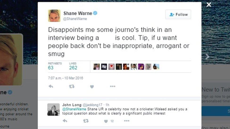 A censored screenshot of a Shane Warne tweet referencing his interview on The Project