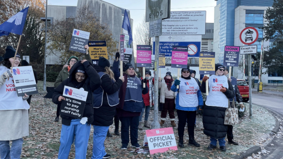 Nurses on the picket line outside University Hospital Wales in Cardiff