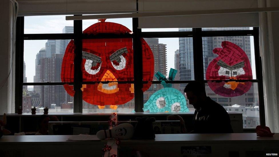 Angry Birds made from sticky notes on window