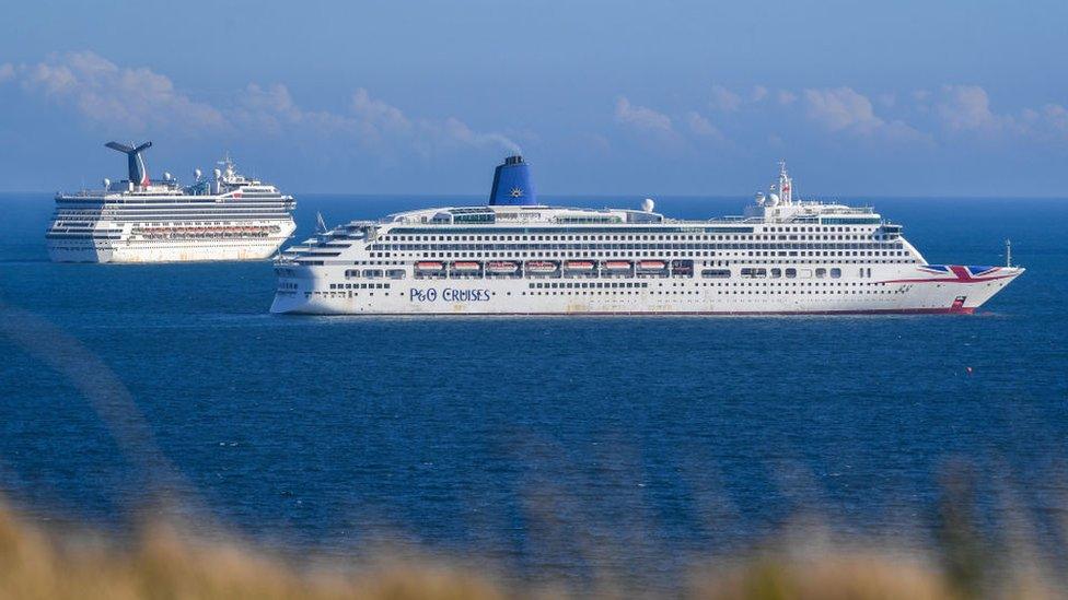 Cruise ships anchored off the coast of Dorset