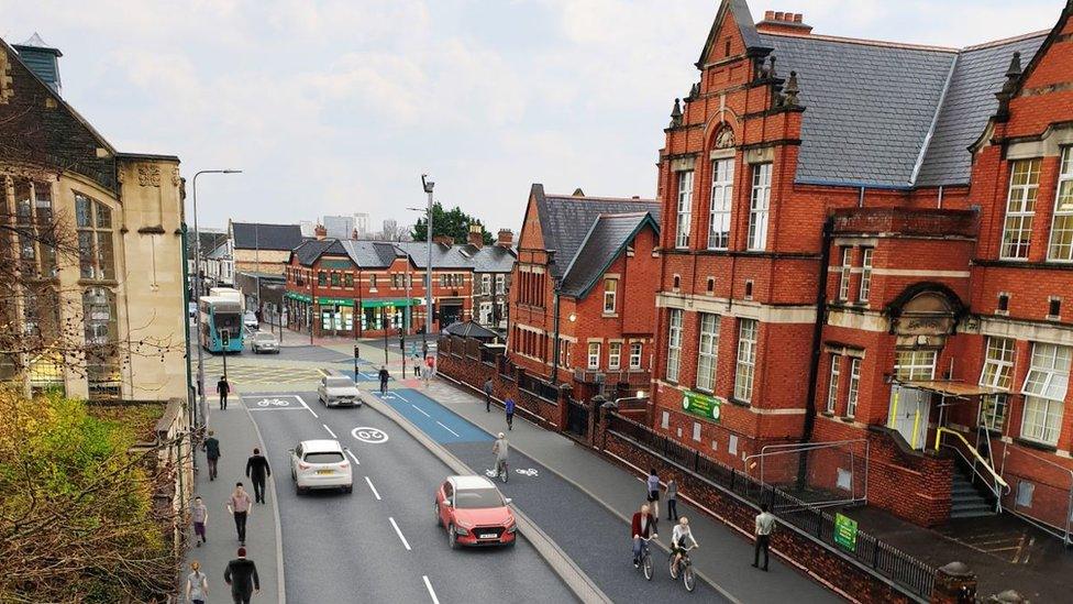 A computer generated image of a cycle lane on Whitchurch Road in Cardiff