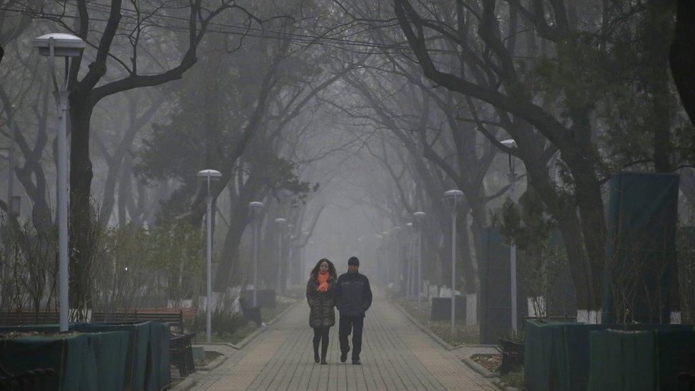 People walk in a park, cloaked in thick grey smog