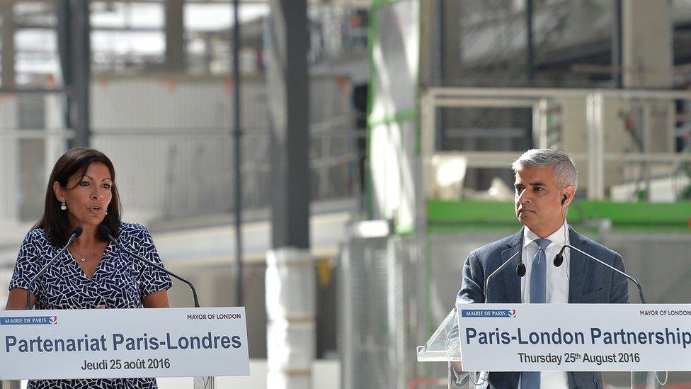 London Mayor Sadiq Khan and Paris Mayor Anne Hidalgo