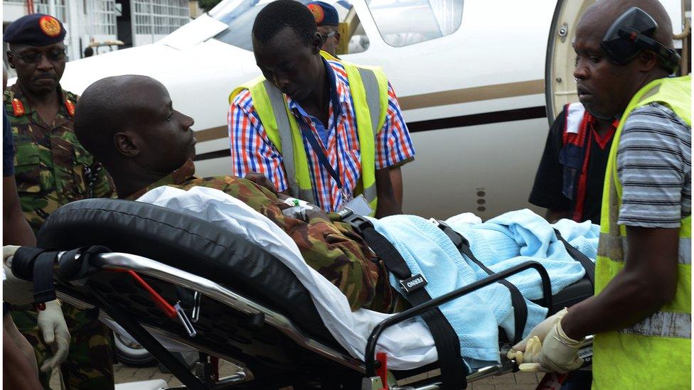 A Kenyan soldiers injured in Somalia arrives in the capital, Nairobi.