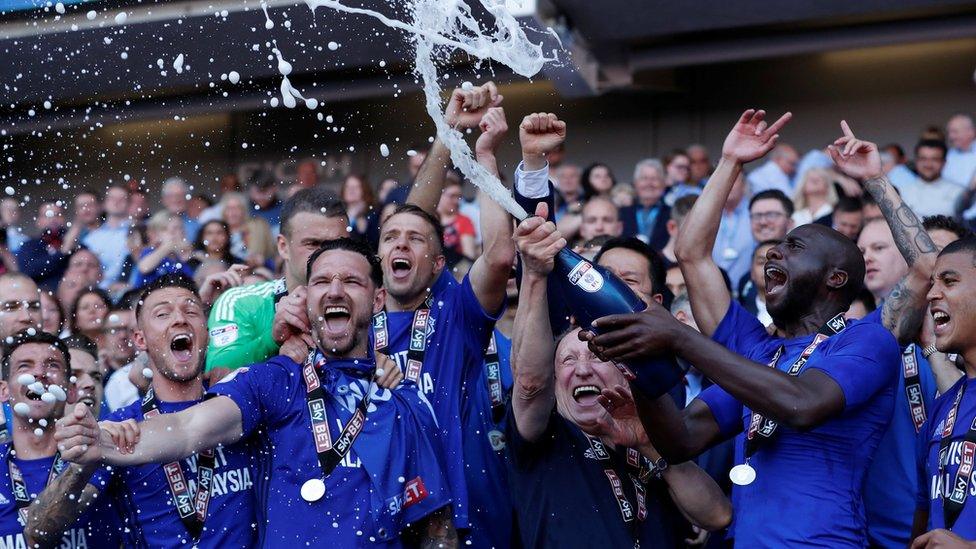 Manager Neil Warnock enjoys the celebrations at the end