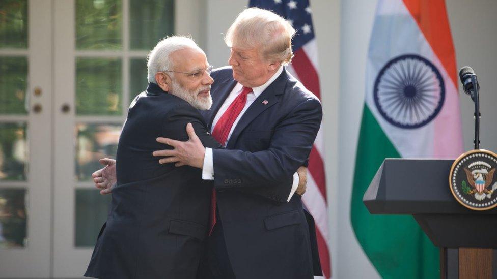 Indian PM Narendra Modi hugging US President Donald Trump