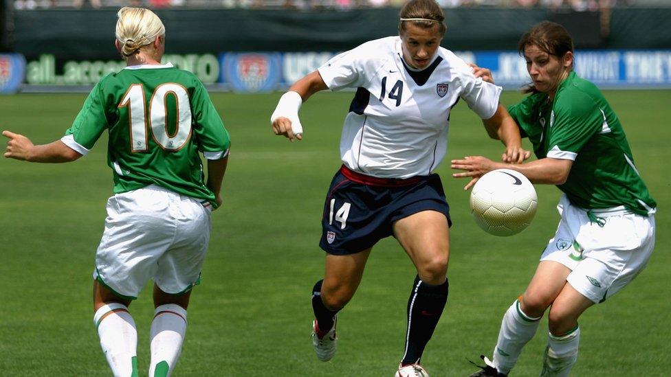 Katie Taylor (far right) playing for the Republic of Ireland women's football team against the US in 2006