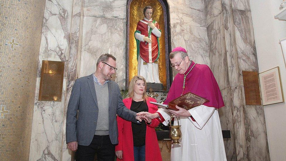 Bishop Denis Nulty blesses engaged couple Emer Duffy and Killian Casey at the Shrine of Saint Valentine in Whitefriar Street Church