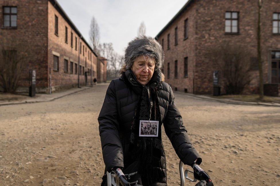 Holocaust survivor Miriam Ziegler visits the site of the former German Nazi death camp Auschwitz