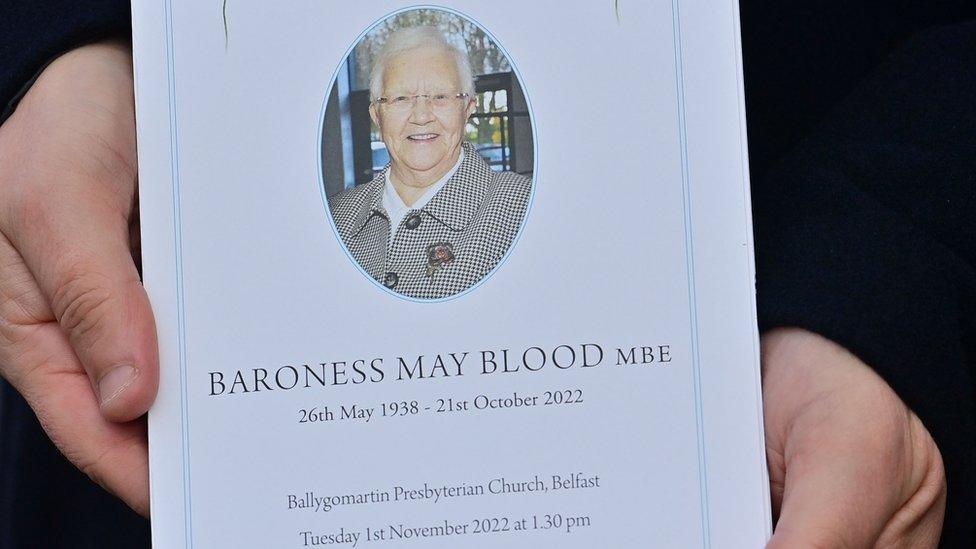 The order of service for Baroness Blood's funeral