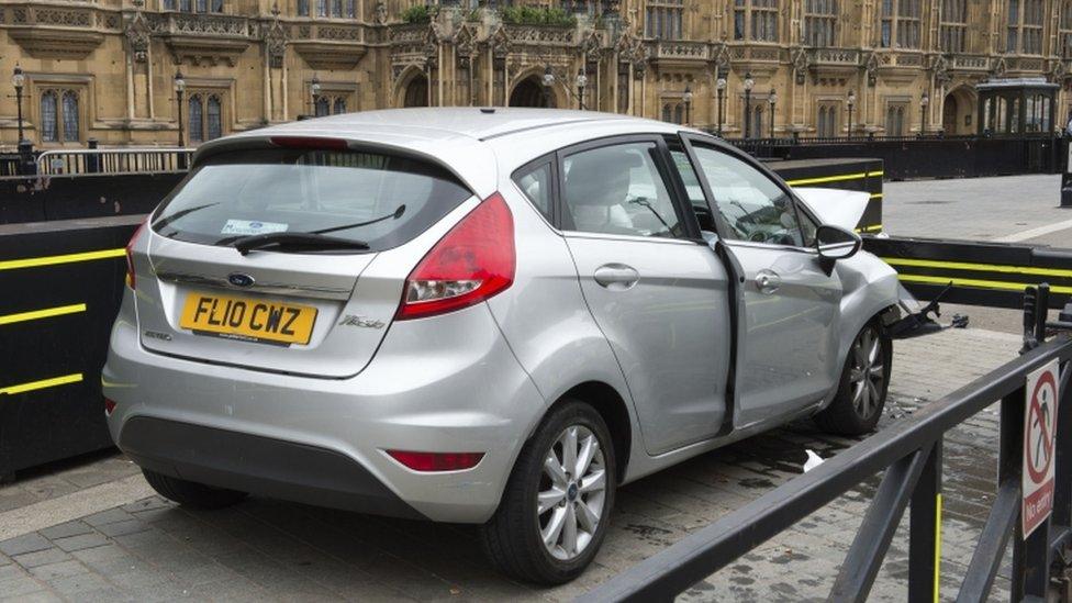 The silver Ford Fiesta allegedly driven by Salih Khater as he crashed outside the Houses of Parliament