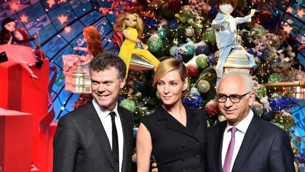 Actress Uma Thurman with Jimmy Choo chief executive on her right.