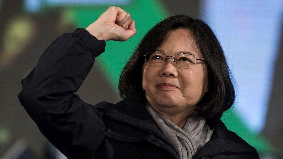 Tsai Ing-wen greets her supporters during a rally in Taoyuan City near Taipei on January 14, 2016