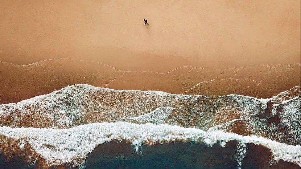 A person walks alone on a beach